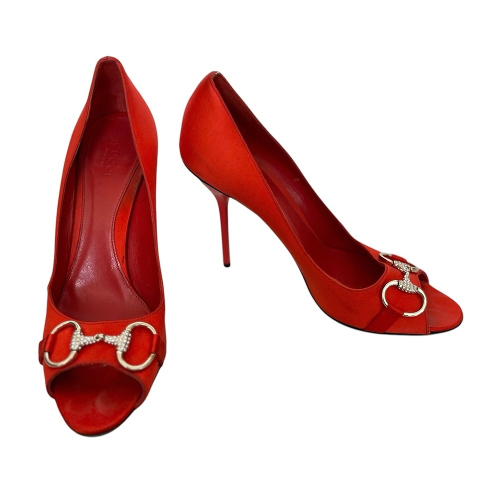Gucci Orange Satin Horsebit Peep Toe Pumps Size 9.5